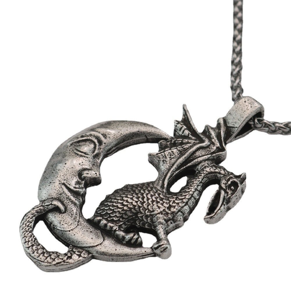 Collier Pendentif Viking Dragon Nídhögg et Lune argenté