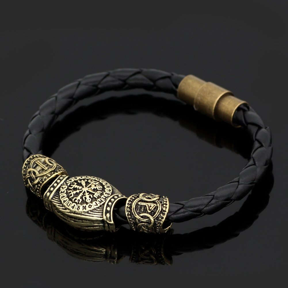 Bracelet Viking en Cuir Tressé avec Symboles vegvisir doré