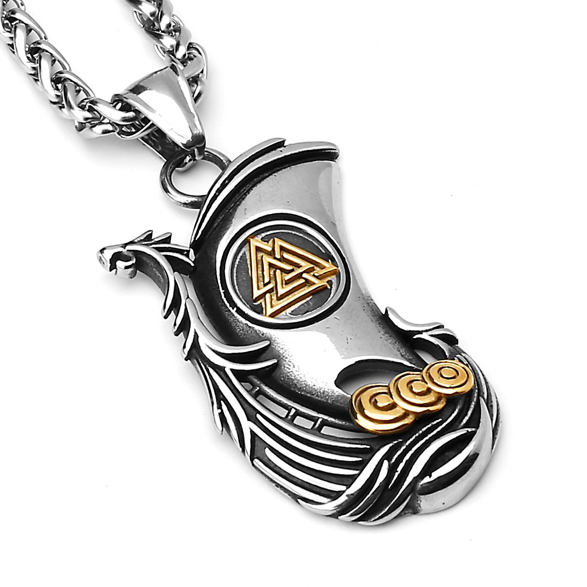 Pendentif Viking Drakkar en Acier Titane doré avec chaîne