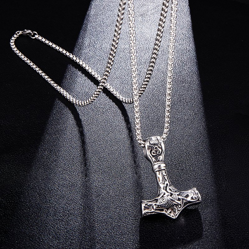 Collier Pendentif Viking Mjolnir Symbole de Force et de Puissance argenté