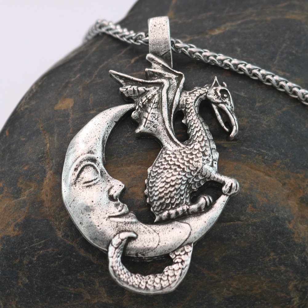 Collier Pendentif Viking Dragon Nídhögg et Lune argenté