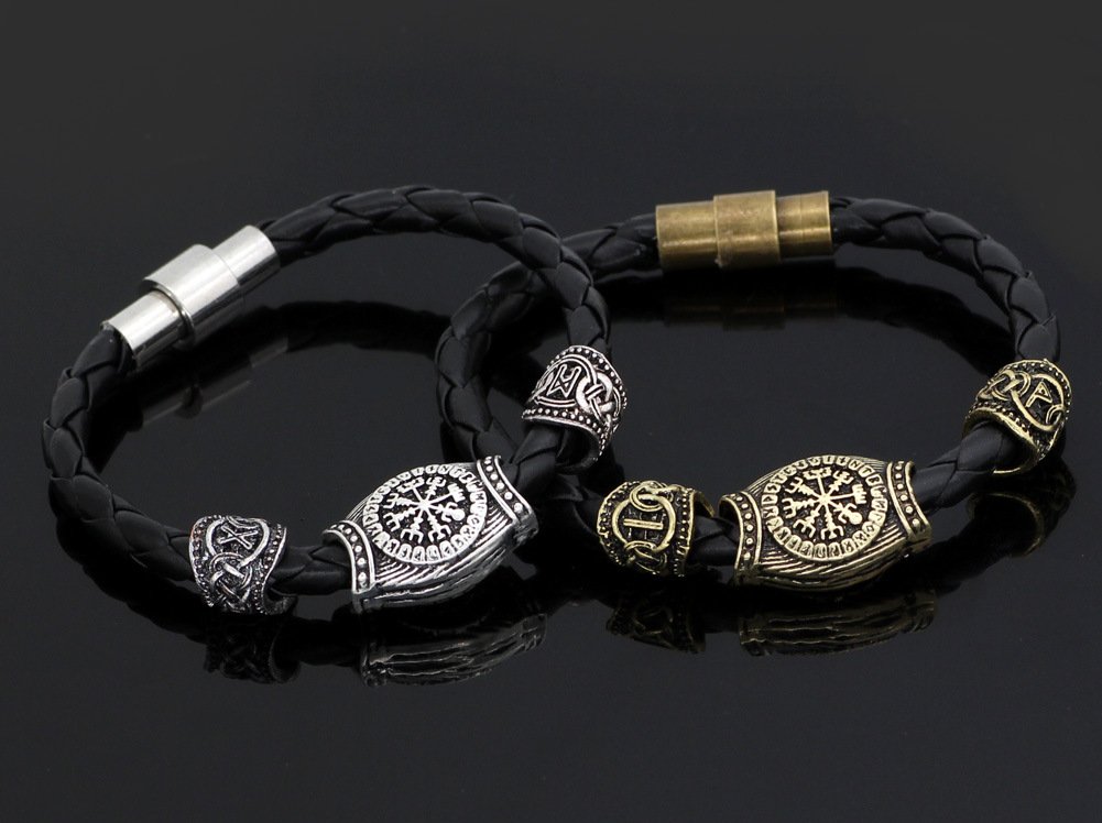 Bracelet Viking en Cuir Tressé avec Symboles vegvisir argenté et or