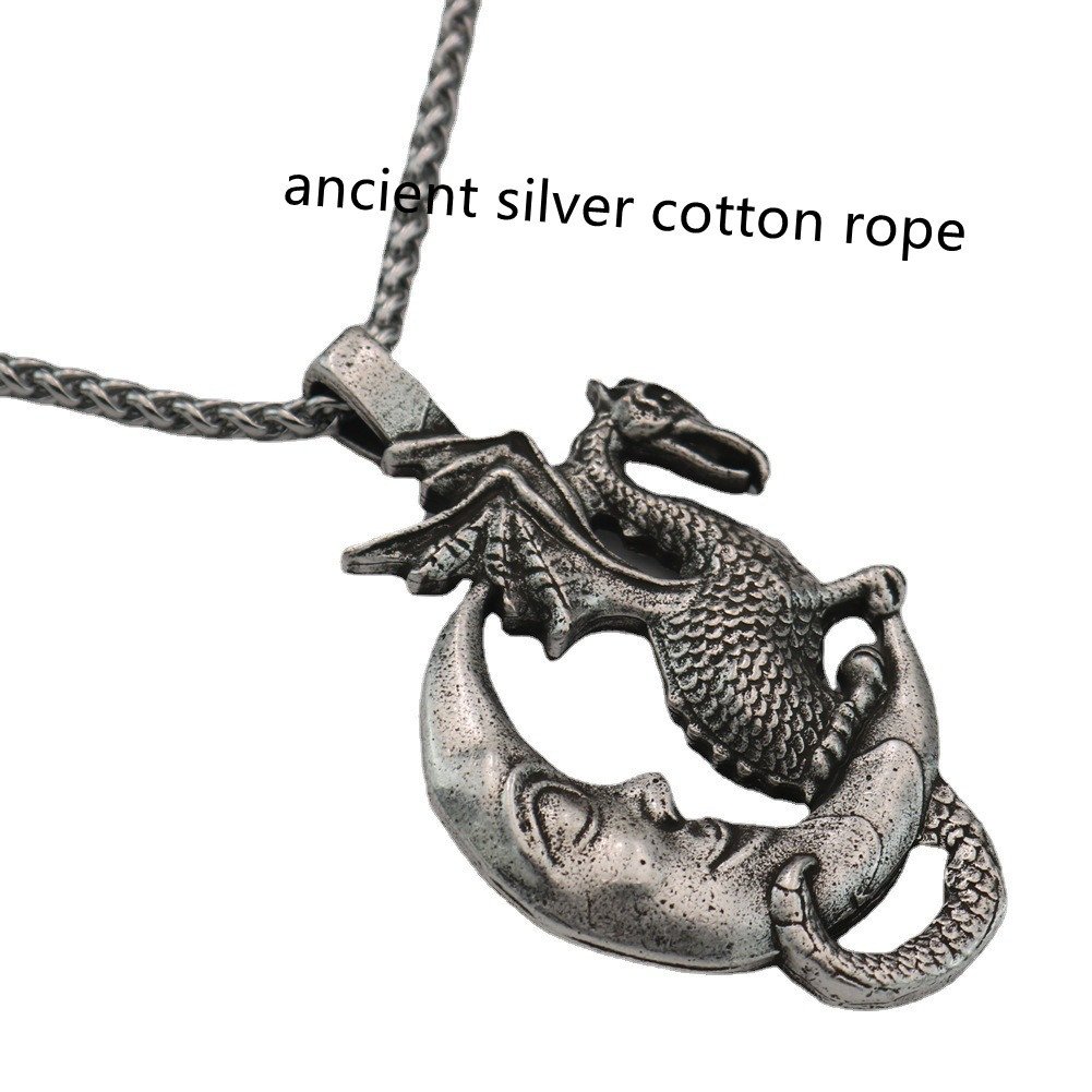 Collier Pendentif Viking Dragon Nídhögg et Lune argenté