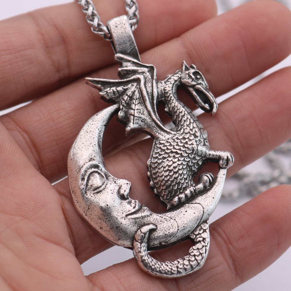 Collier Pendentif Viking Dragon Nídhögg et Lune argenté