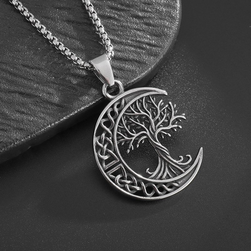 Pendentif viking : Arbre de Vie et Croissant de Lune en alliage argenté