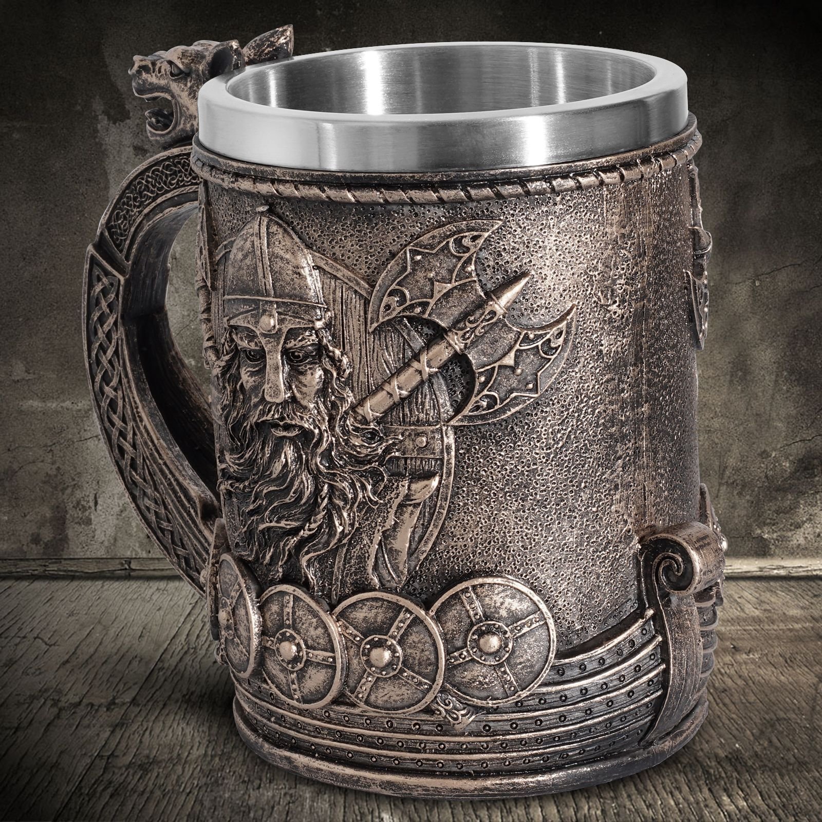 Mug Viking Odin - Chope en Acier Inoxydable avec Reliefs Nordiques