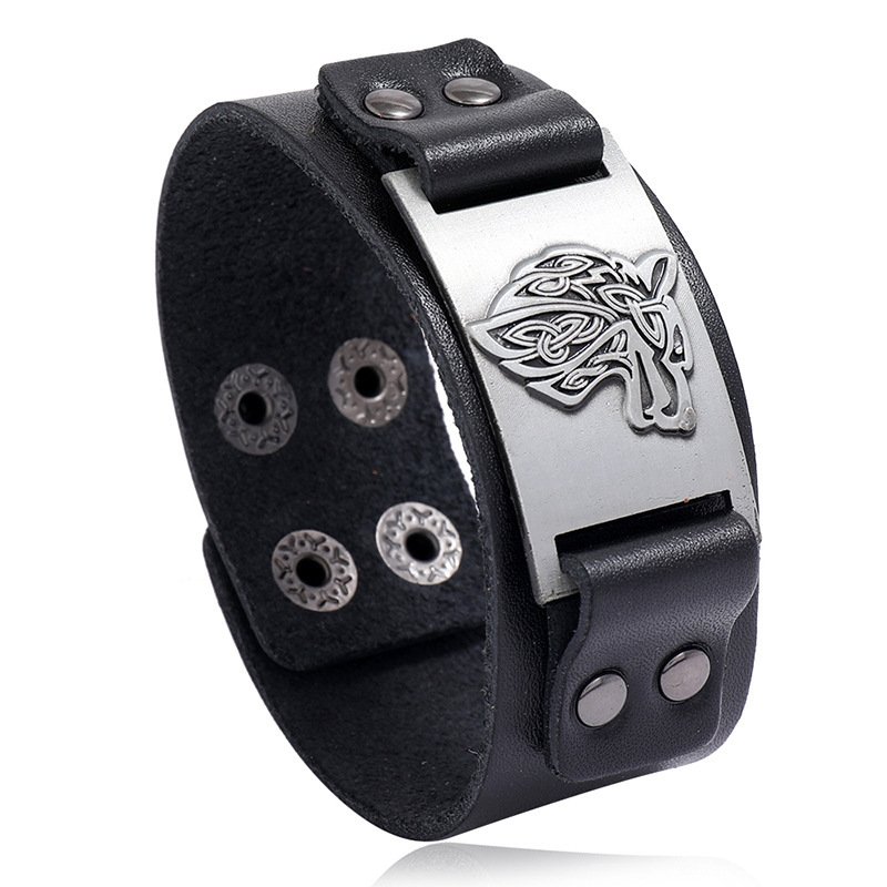 Bracelet de Force Viking Tête de Loup noir et argenté