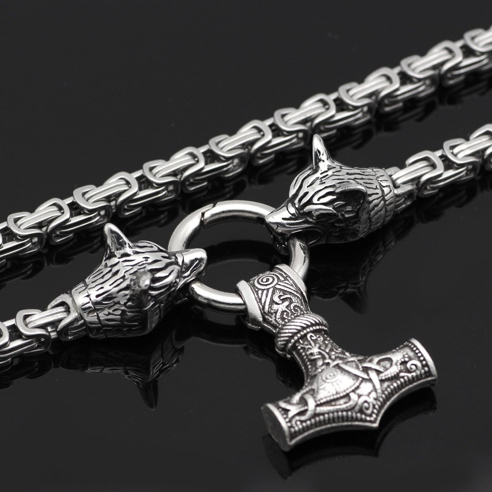 Collier Viking Mjolnir et Têtes de Loup en acier inoxydable