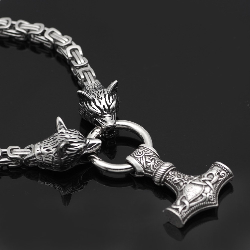 Collier Viking Mjolnir et Têtes de Loup motifs nordiques