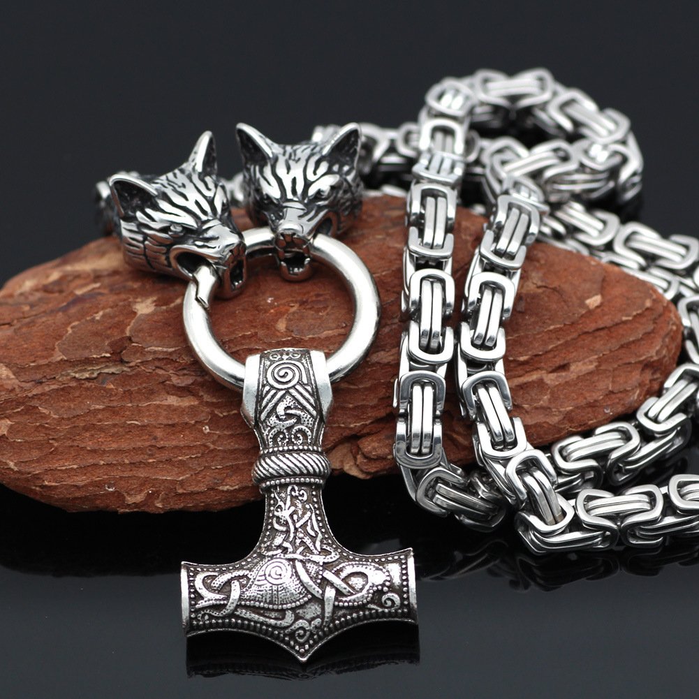 Collier Viking Mjolnir et Têtes de Loup Symbole de force