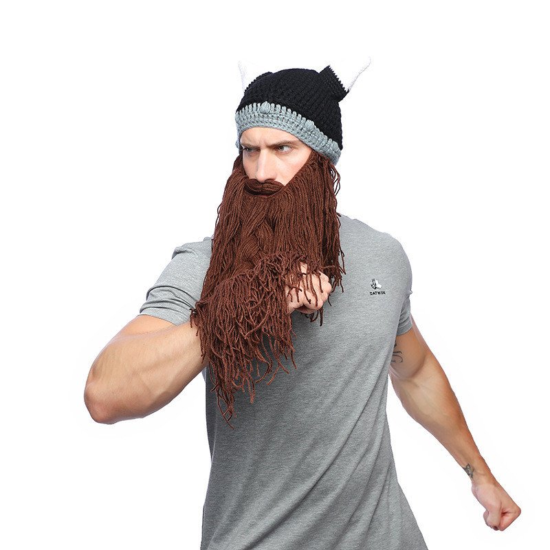 Barbe Viking Tricotée - Bonnet avec Barbe Fausse marron