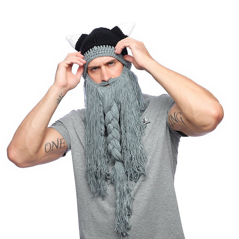 Barbe Viking Tricotée - Bonnet avec Barbe Fausse gris clair