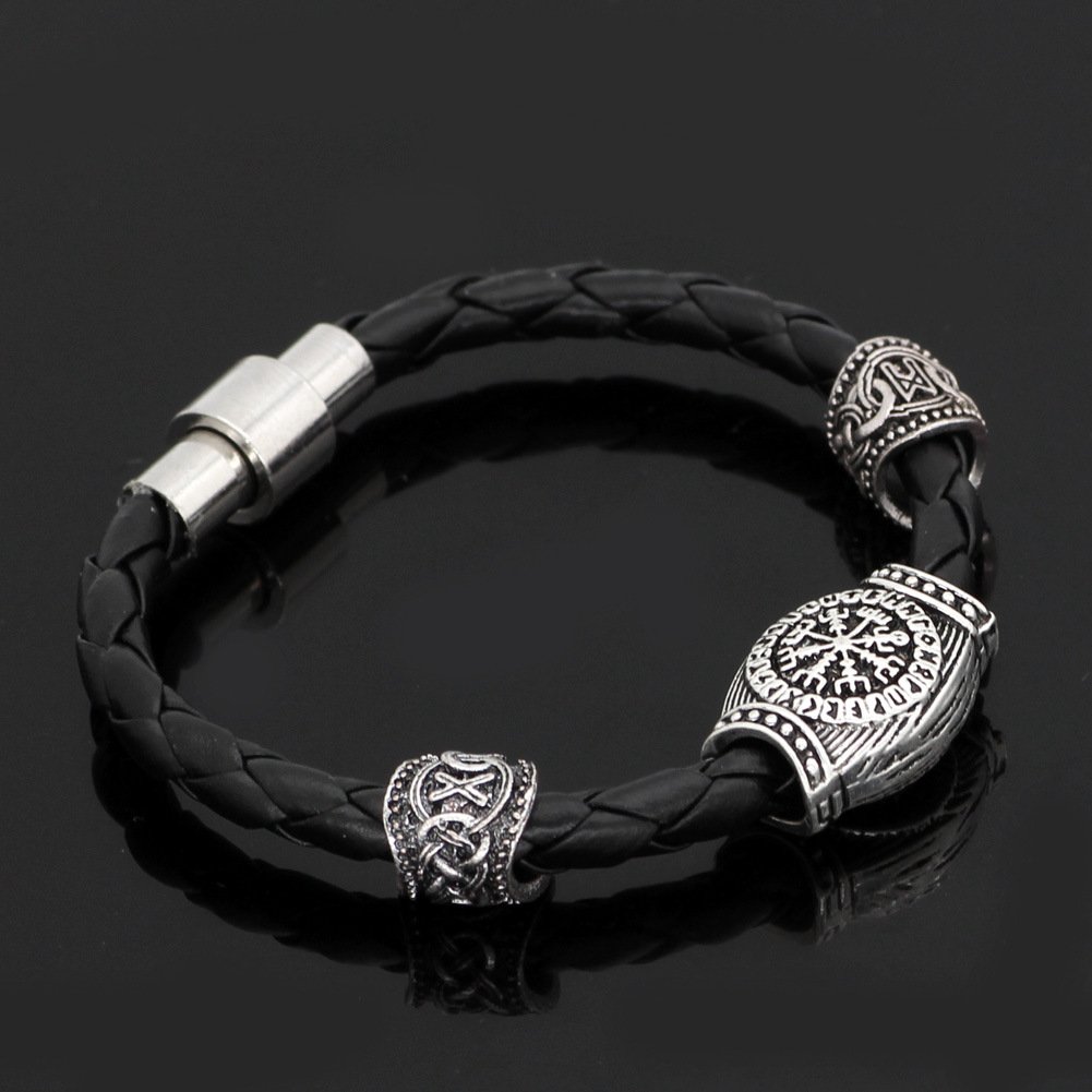 Bracelet Viking en Cuir Tressé avec Symboles vegvisir argenté