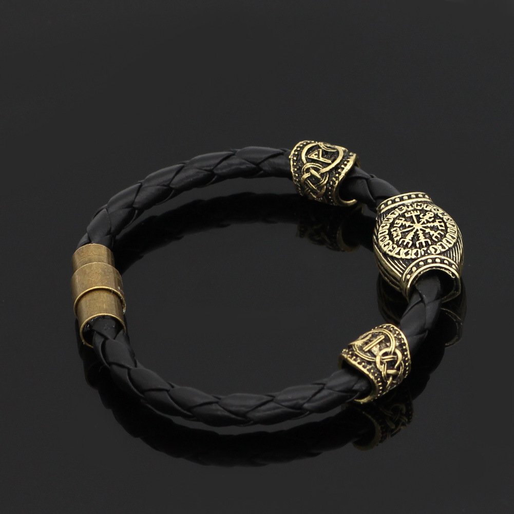 Bracelet Viking en Cuir Tressé avec Symboles vegvisir doré