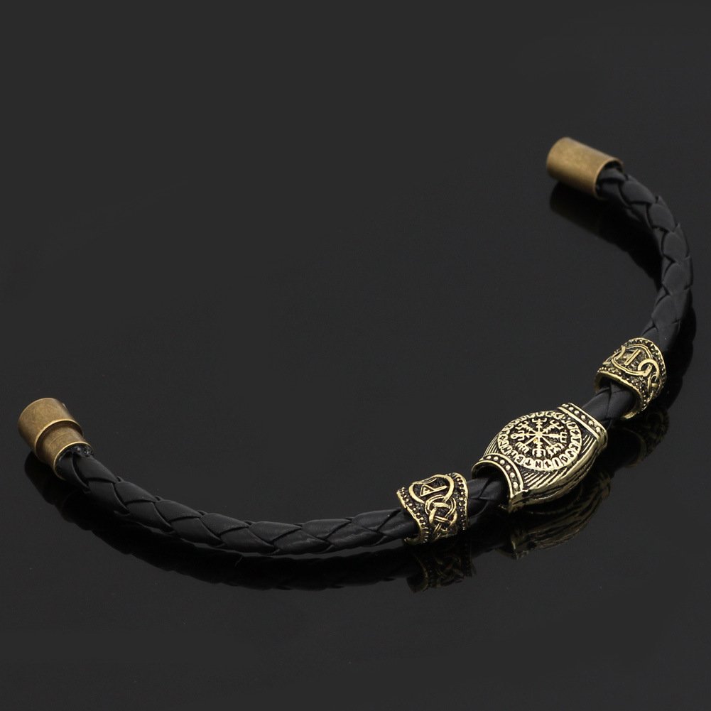 Bracelet Viking en Cuir Tressé avec Symboles vegvisir doré