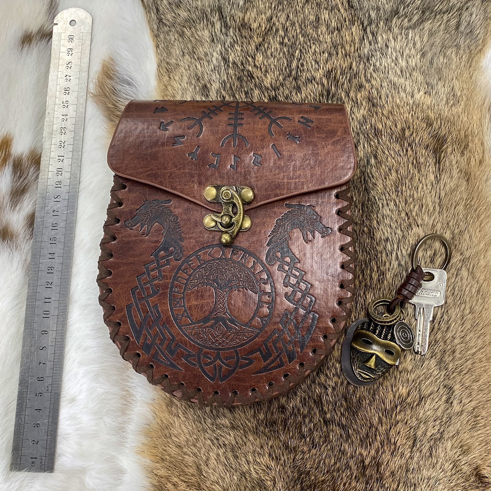 Pochette Viking en Cuir - Double Dragon marron