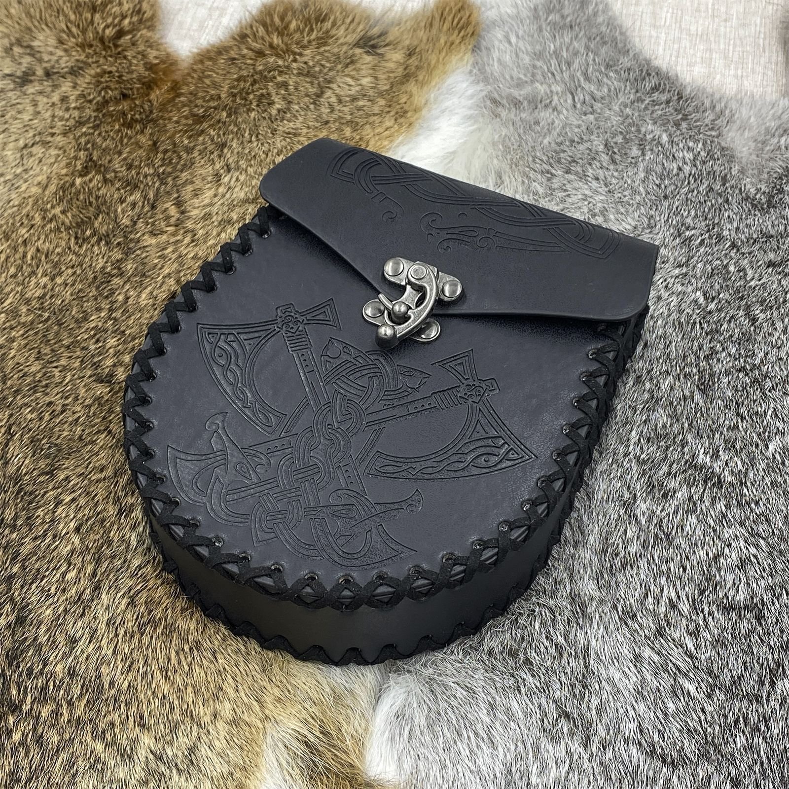 Pochette Viking en Cuir - Double Dragon noir