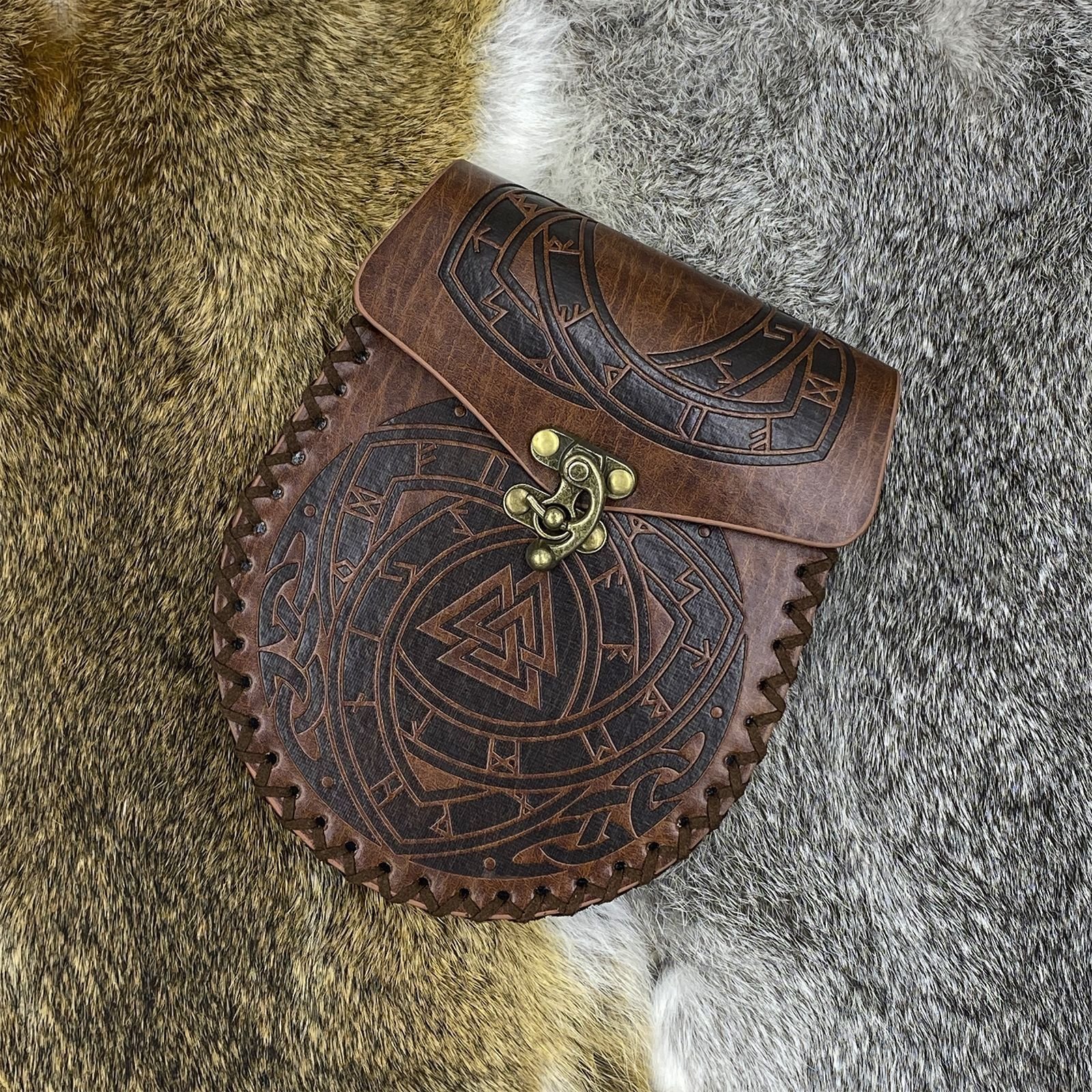 Pochette Viking en Cuir - Double Dragon marron