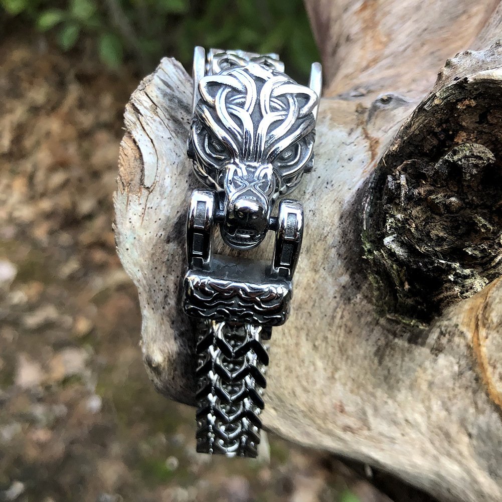 Bracelet Viking Tressé avec Fermoir Tête de Loup