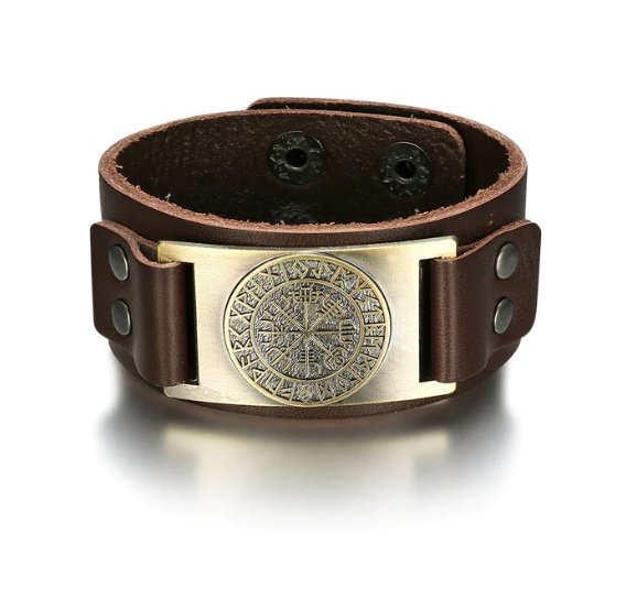 Bracelet Viking Vegvisir en Cuir - Boussole Runique Nordique marron et bronze