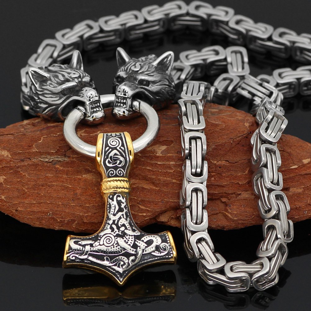 Collier Viking Tête de Loup et Mjolnir acier et doré