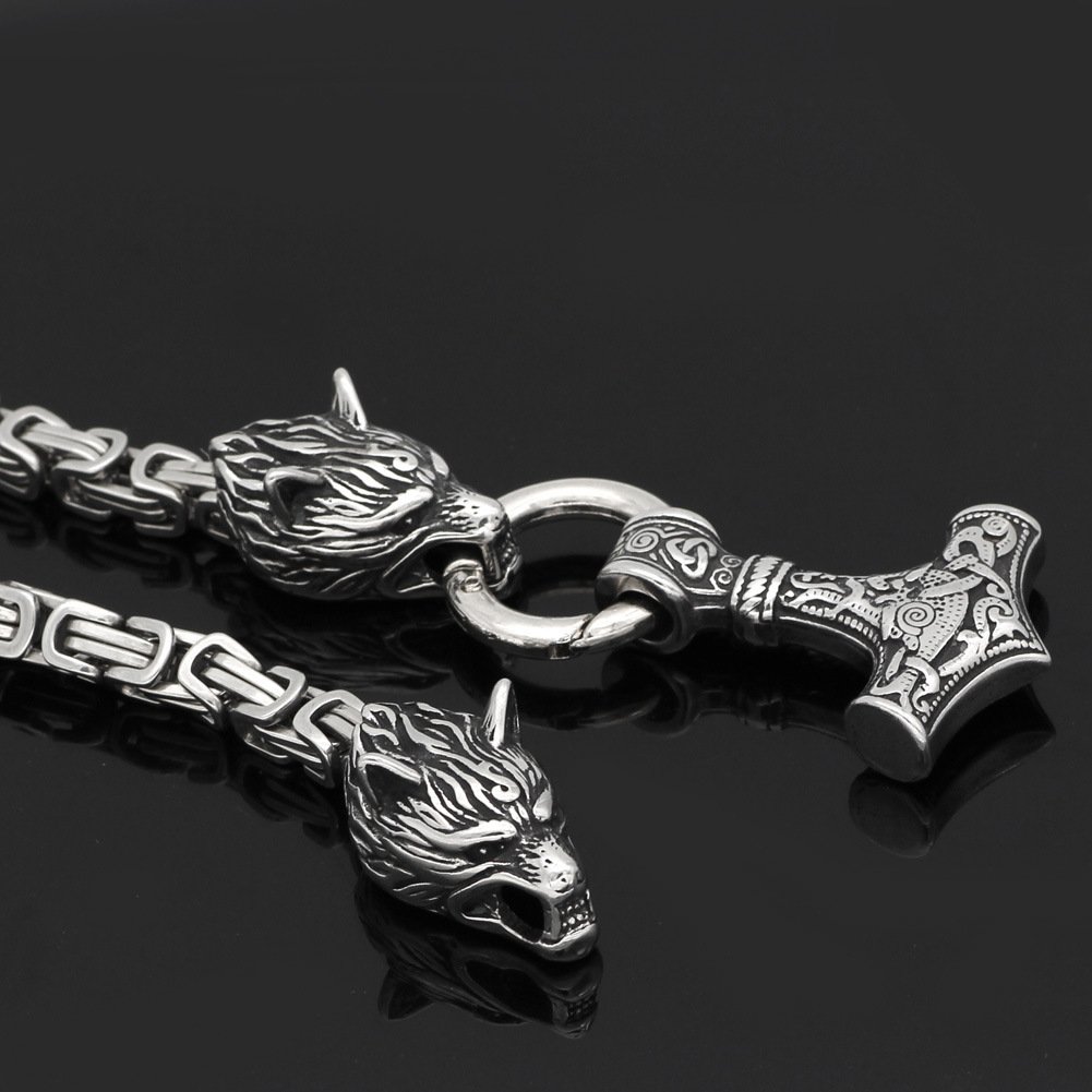 Collier Viking Tête de Loup et Mjolnir couleur acier