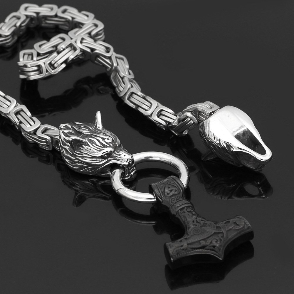 Collier Viking Tête de Loup et Mjolnir noir