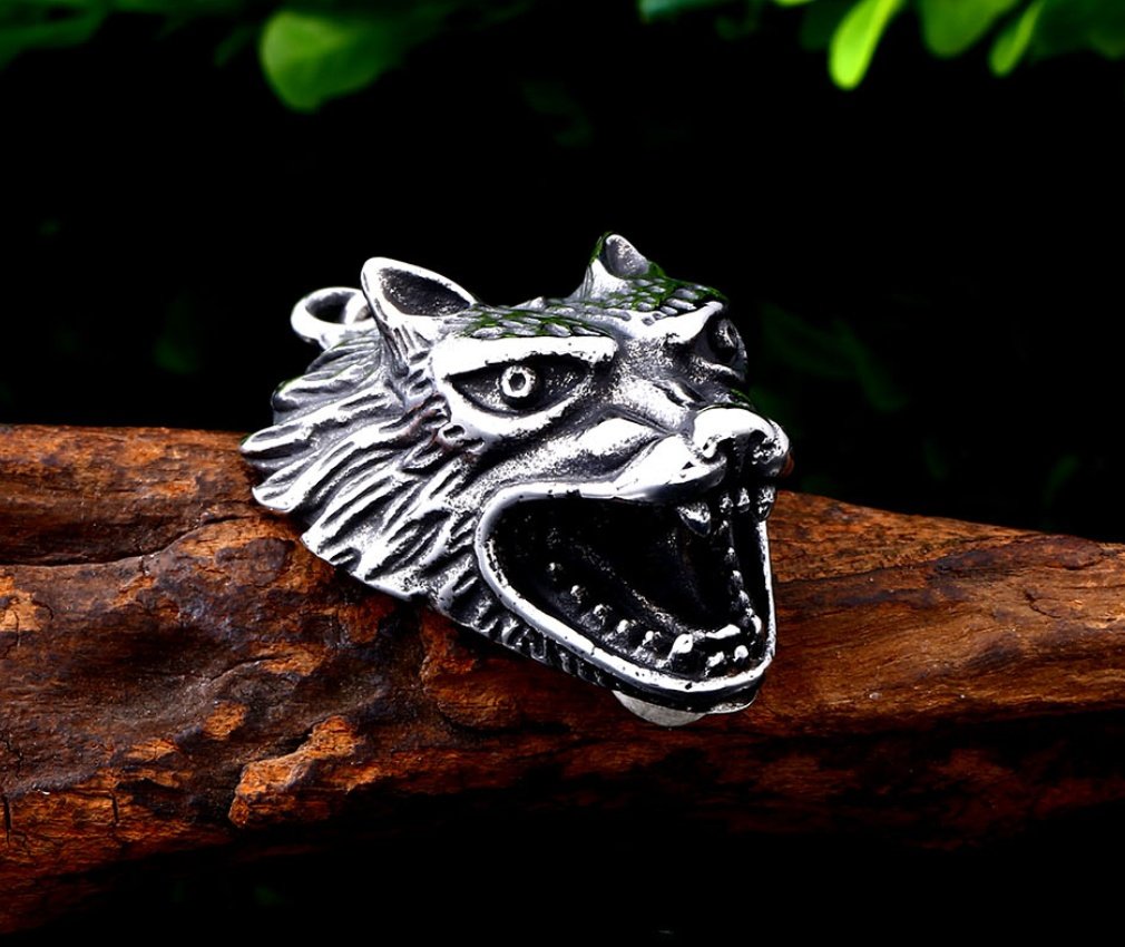 Pendentif Viking Tête de Loup Fenrir en Acier Titane retro