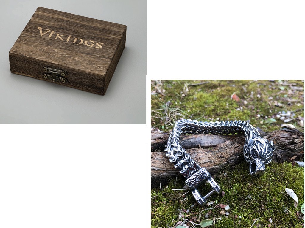 Bracelet Viking Tressé avec Fermoir Tête de Loup avec boîte