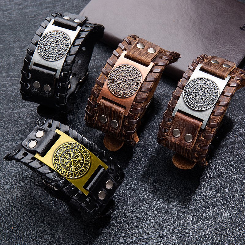 Bracelet de Force Viking Vegvisir cuir marron et noir