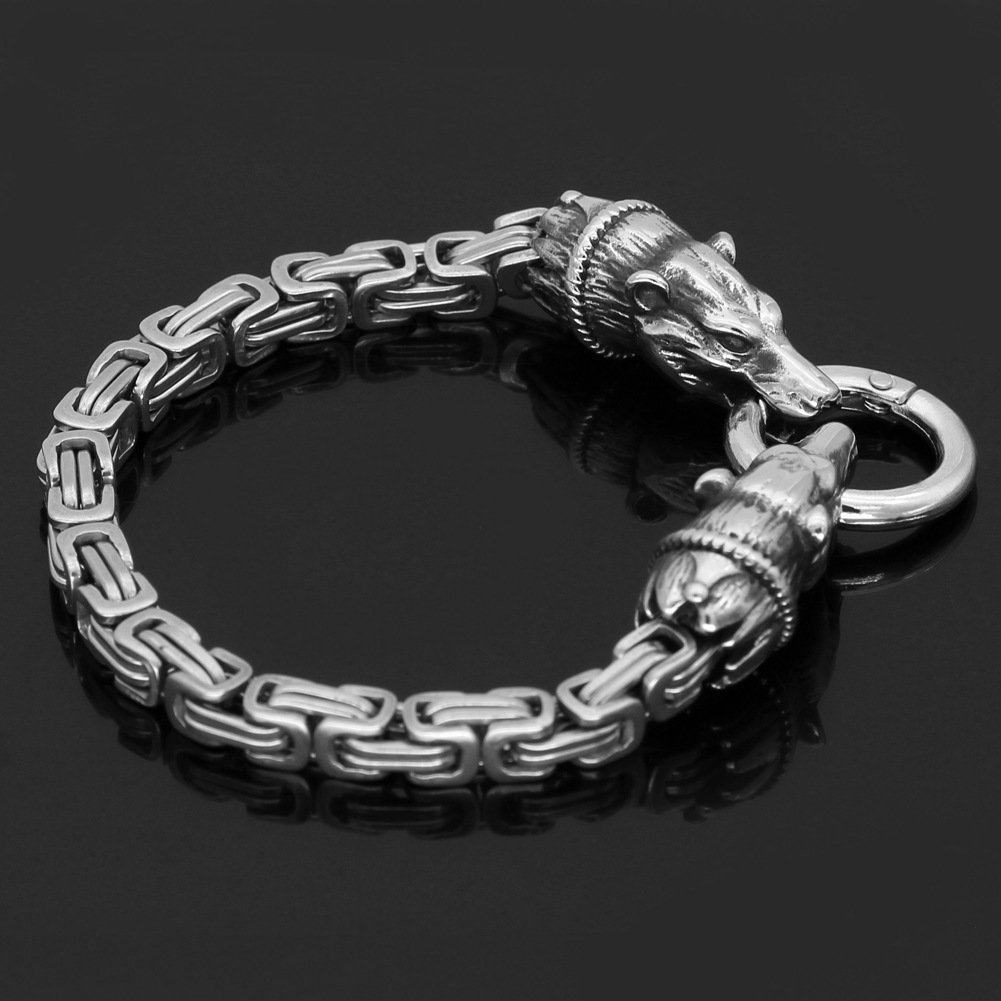 Bracelet Viking Tête de Loup en Acier Titane - Symbole de Force et de Loyauté