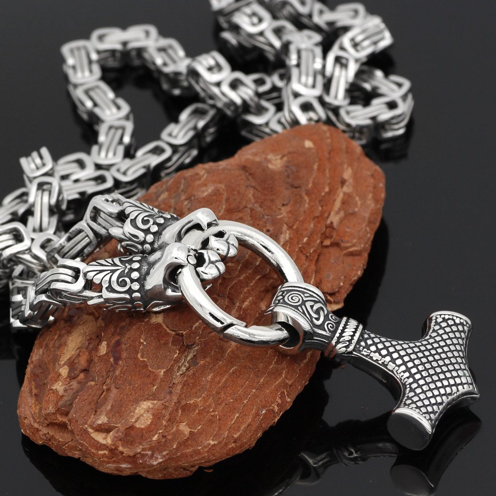 Collier Viking Mjölnir et Têtes de Loup style retro