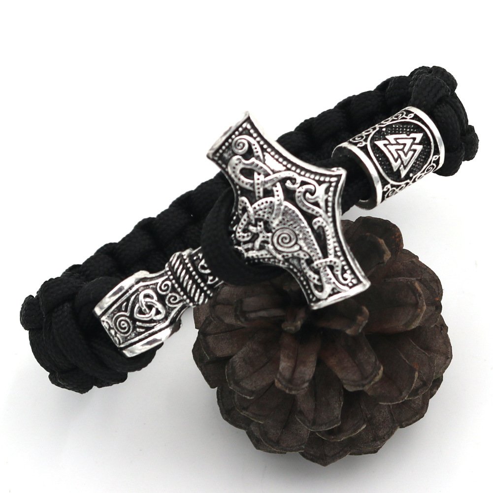 Bracelet Viking Mjolnir - Paracorde Noire et Argent détaillé