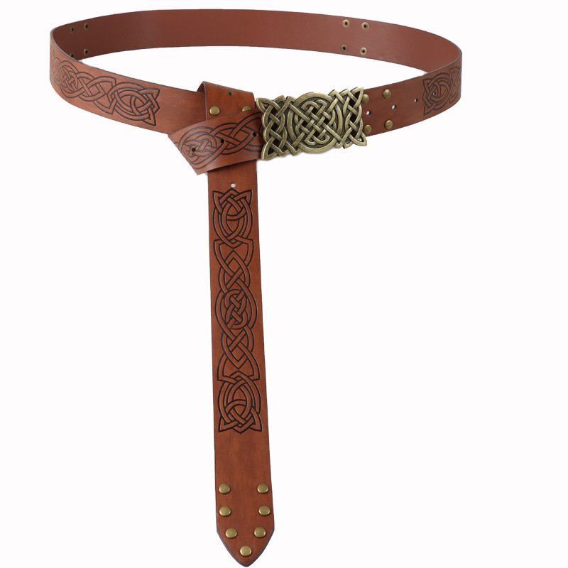 Ceinture Viking en Cuir PU avec Motif Nœud de Yggdrasil et Rivets marron