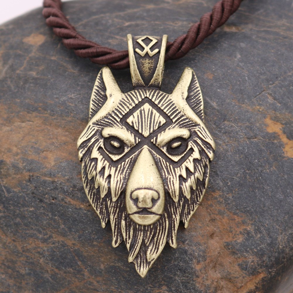 Pendentif Loup Viking avec Symbole Runique - Bronze Antique corde marron