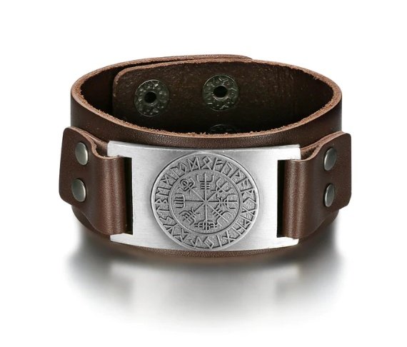 Bracelet Viking Vegvisir en Cuir - Boussole Runique Nordique marron et acier