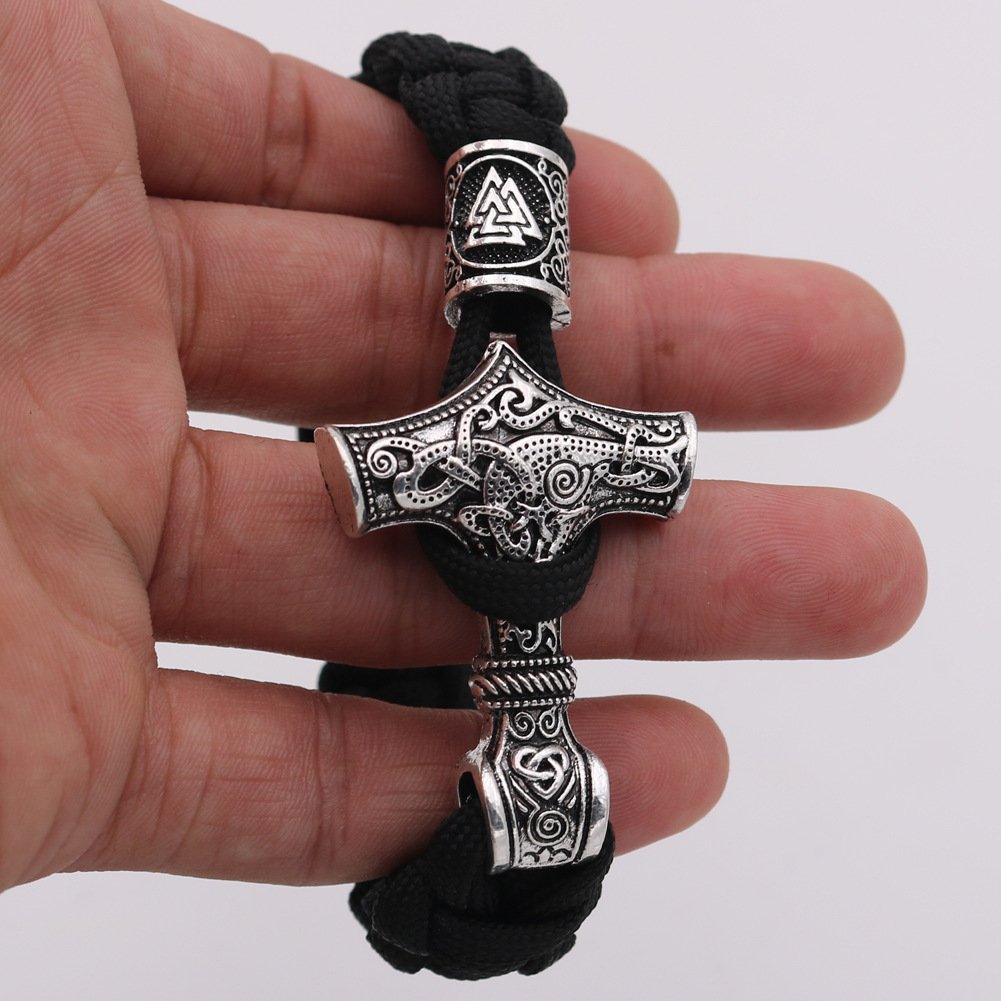 Bracelet Viking Mjolnir - Paracorde Noire et Argent résistante et polyvalente