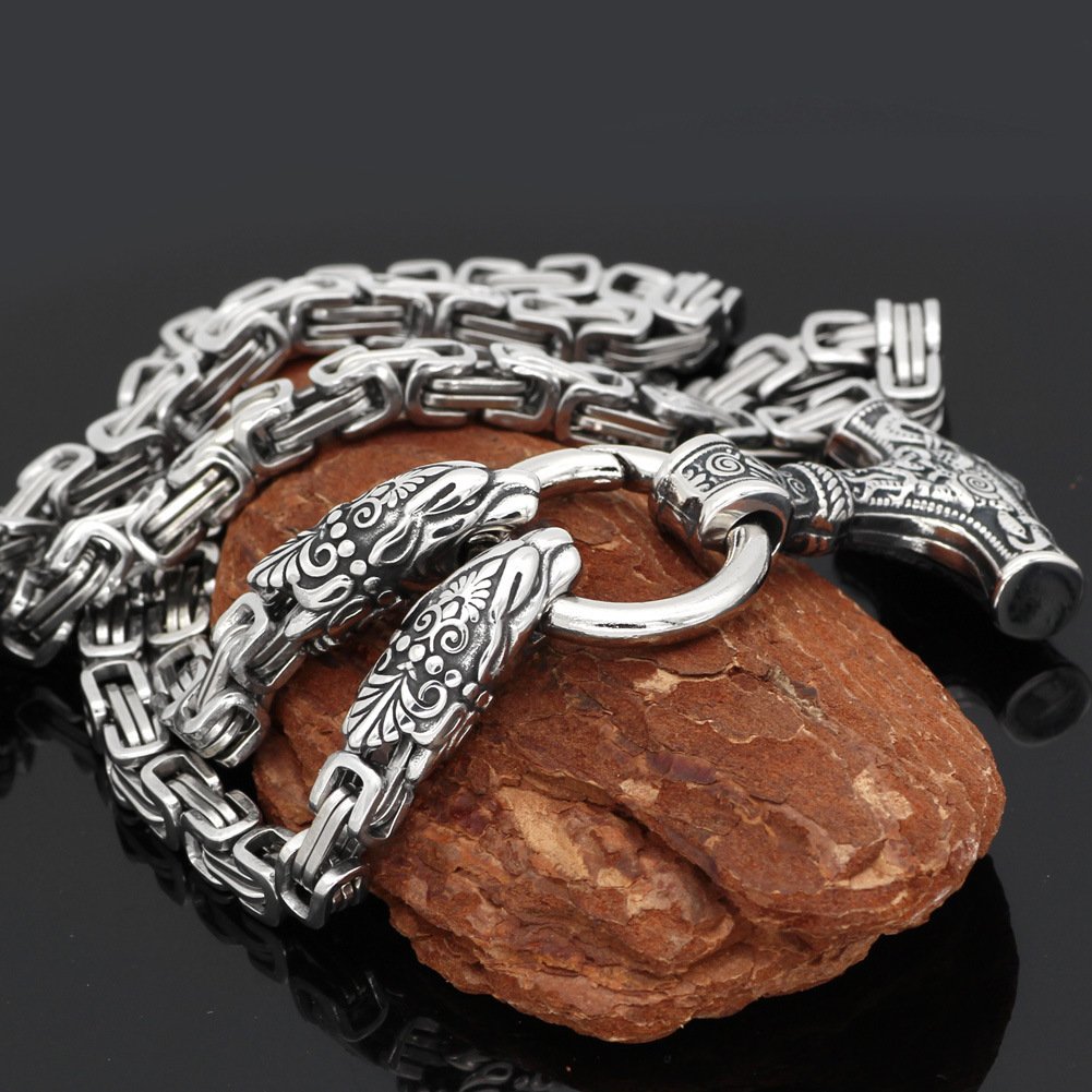 Collier Viking Mjölnir et Têtes de Loup 3 tailles au choix
