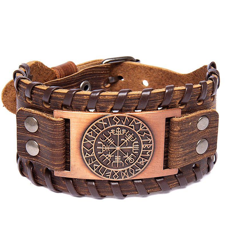 Bracelet de Force Viking Vegvisir cuir marron et cuivre