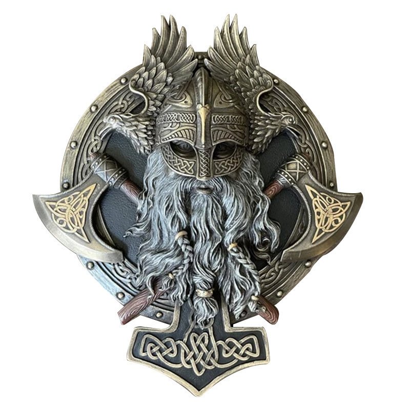 Décoration Murale Viking - Tête de Berserker avec Mjolnir bronze