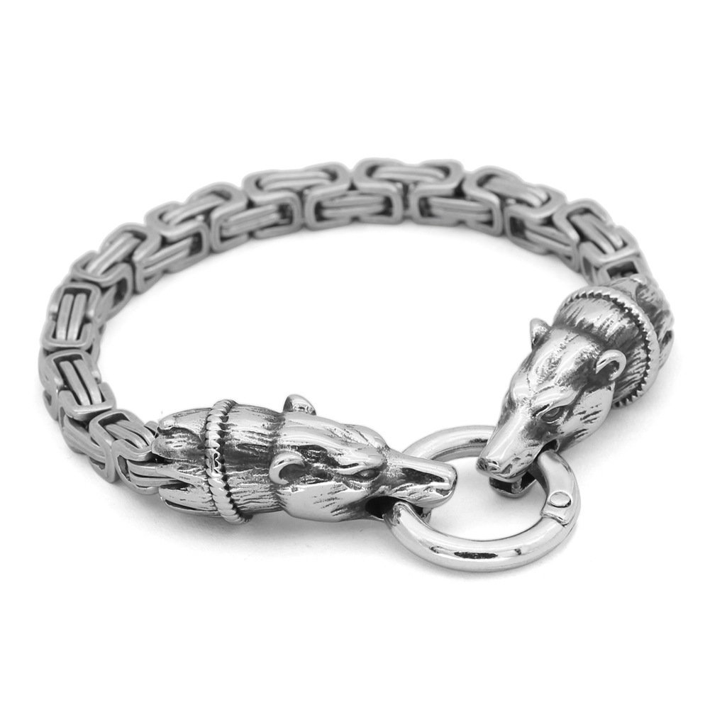 Bracelet Viking Tête de Loup en Acier Titane sculptées aux extrémités