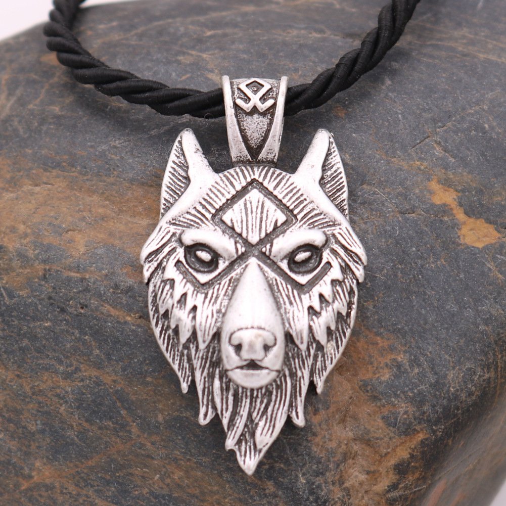 Pendentif Loup Viking avec Symbole Runique - Argent Antique corde noir
