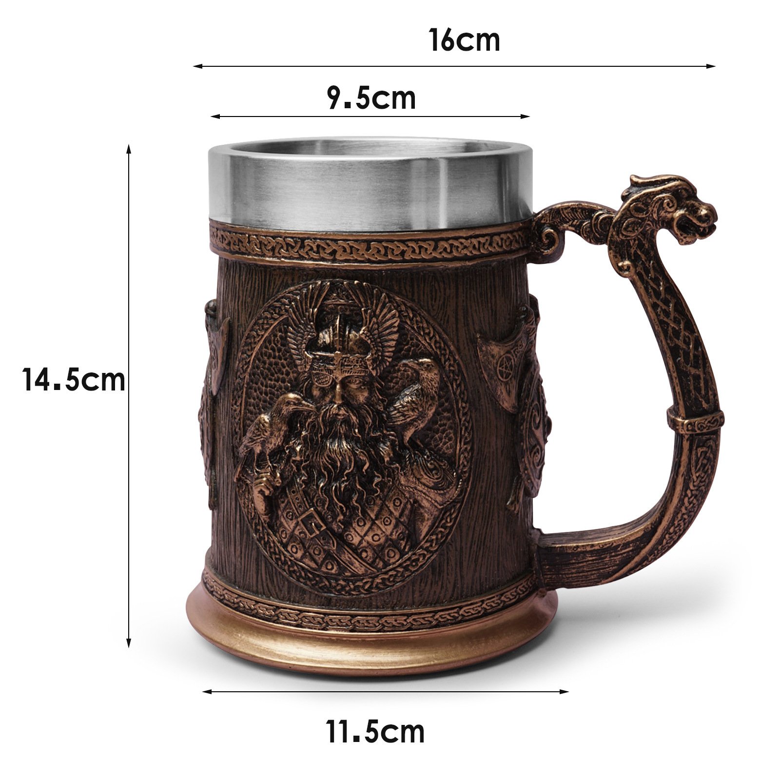 Dimension Mug Viking Odin - Chope en Acier Inoxydable avec Reliefs Nordiques