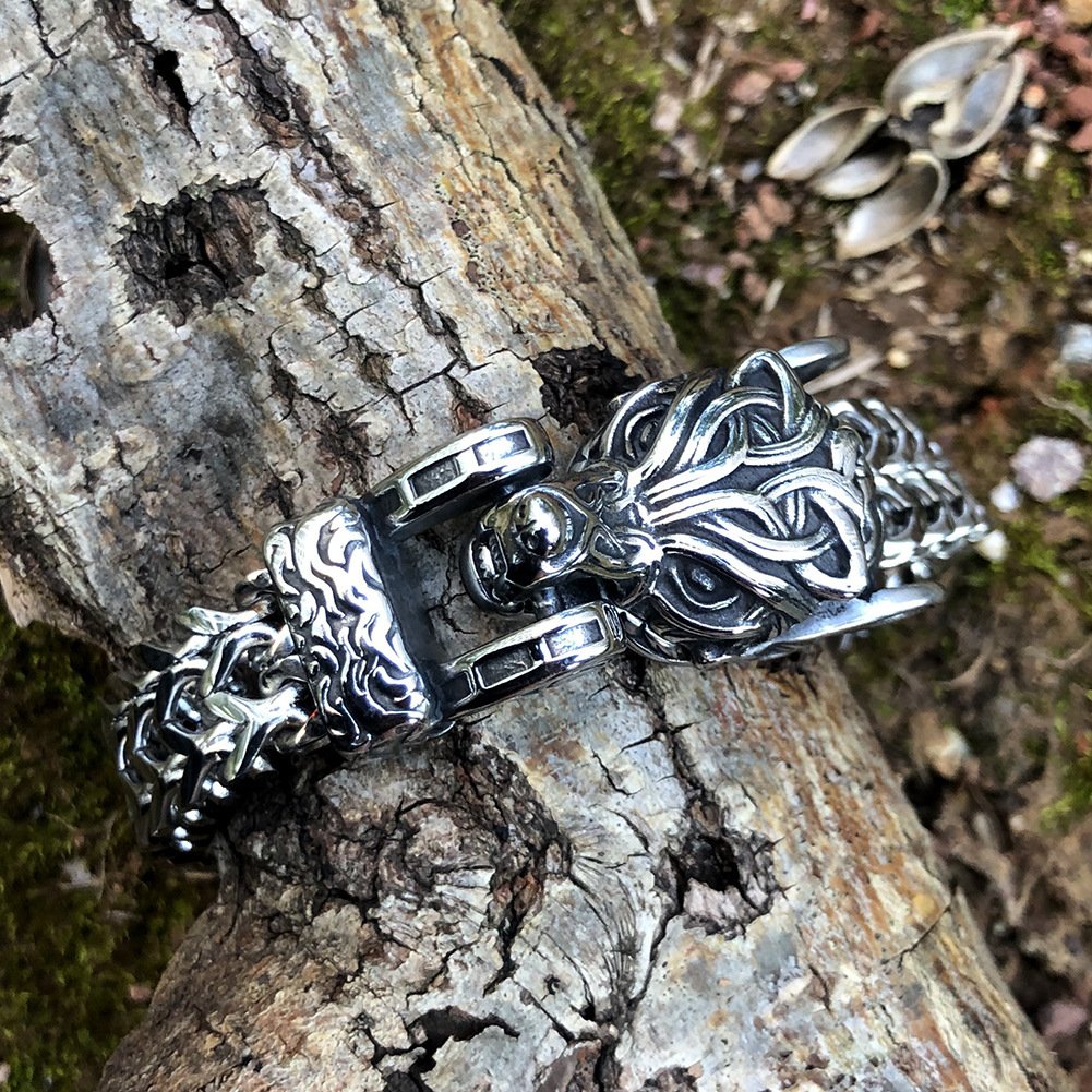 Bracelet Viking Tressé avec Fermoir Tête de Loup en acier retro