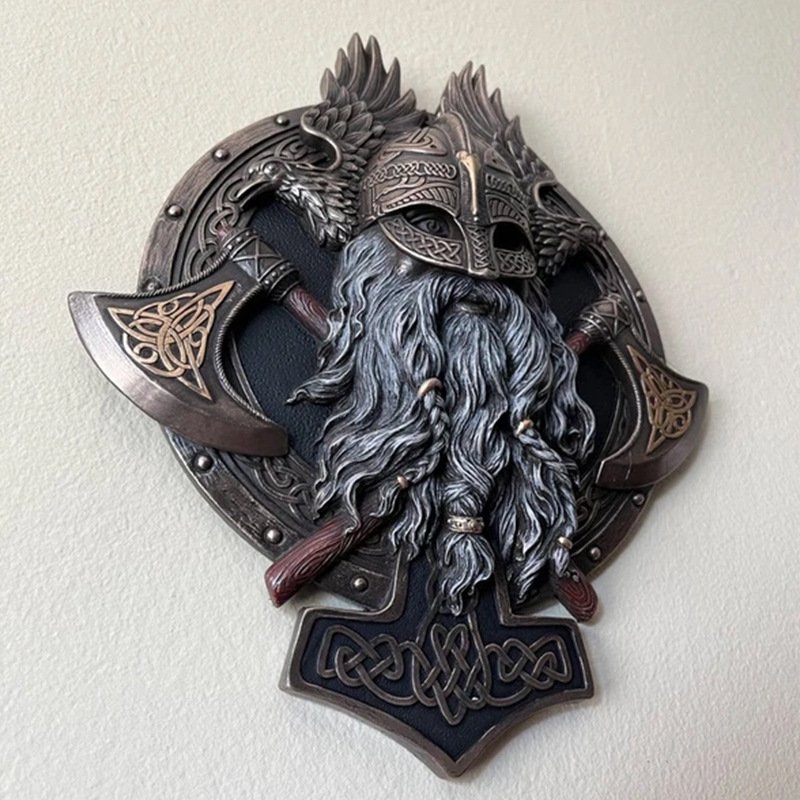 Décoration Murale Viking - Tête de Berserker avec Mjolnir Facile à accrocher