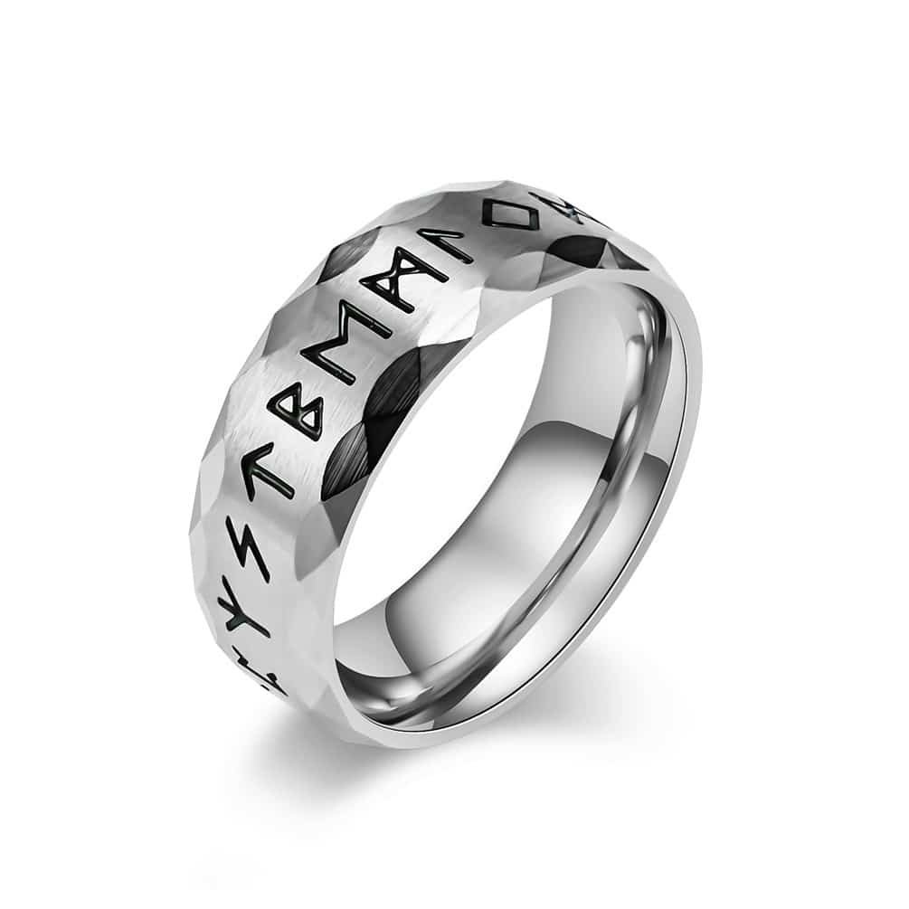 Bague Homme En Acier Inoxydable 316L Motif Runes Viking - Largeur 8 Mm, Finition Argent Antique, Style Nordique