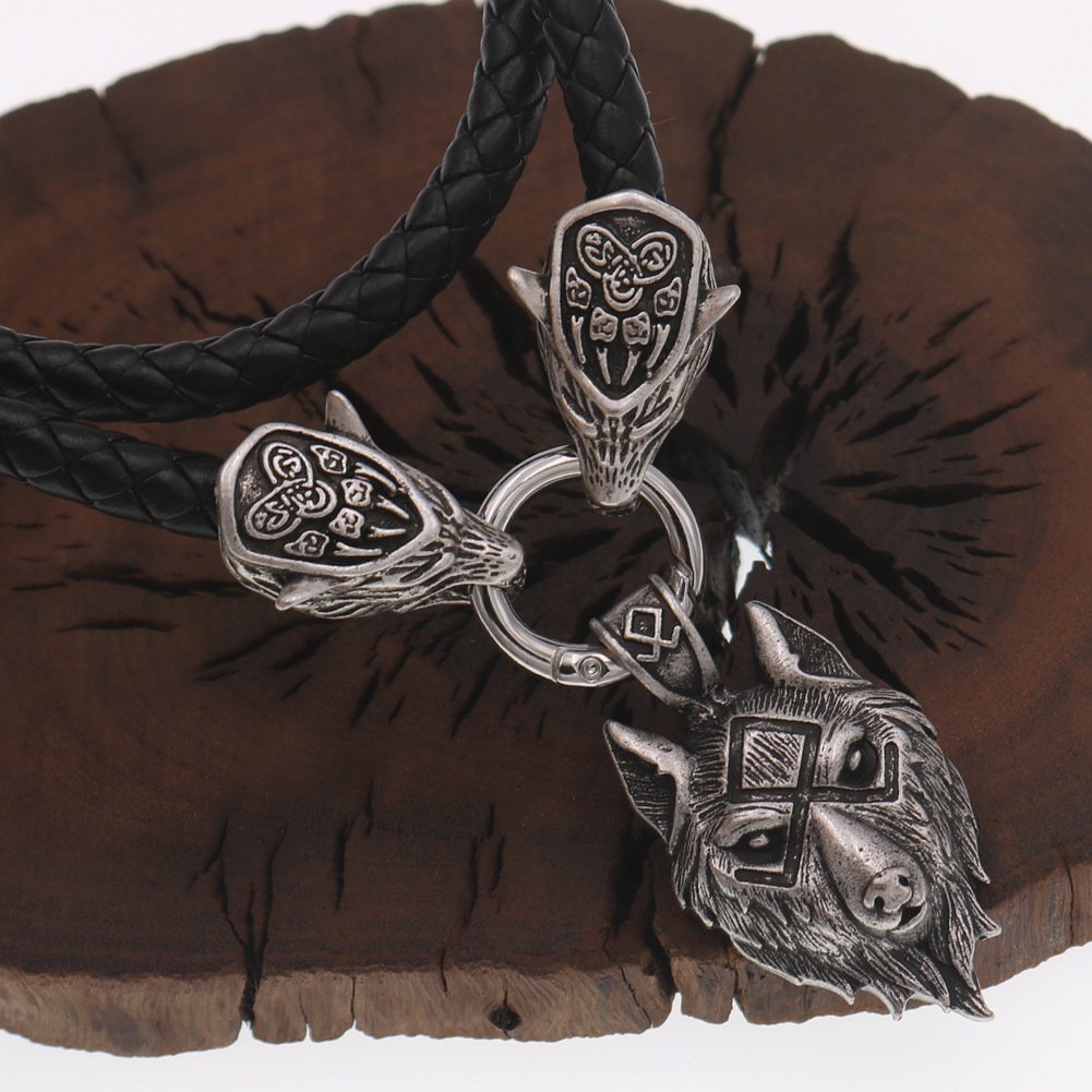 Pendentif Viking Tête de Loup et Runes corde en cuir