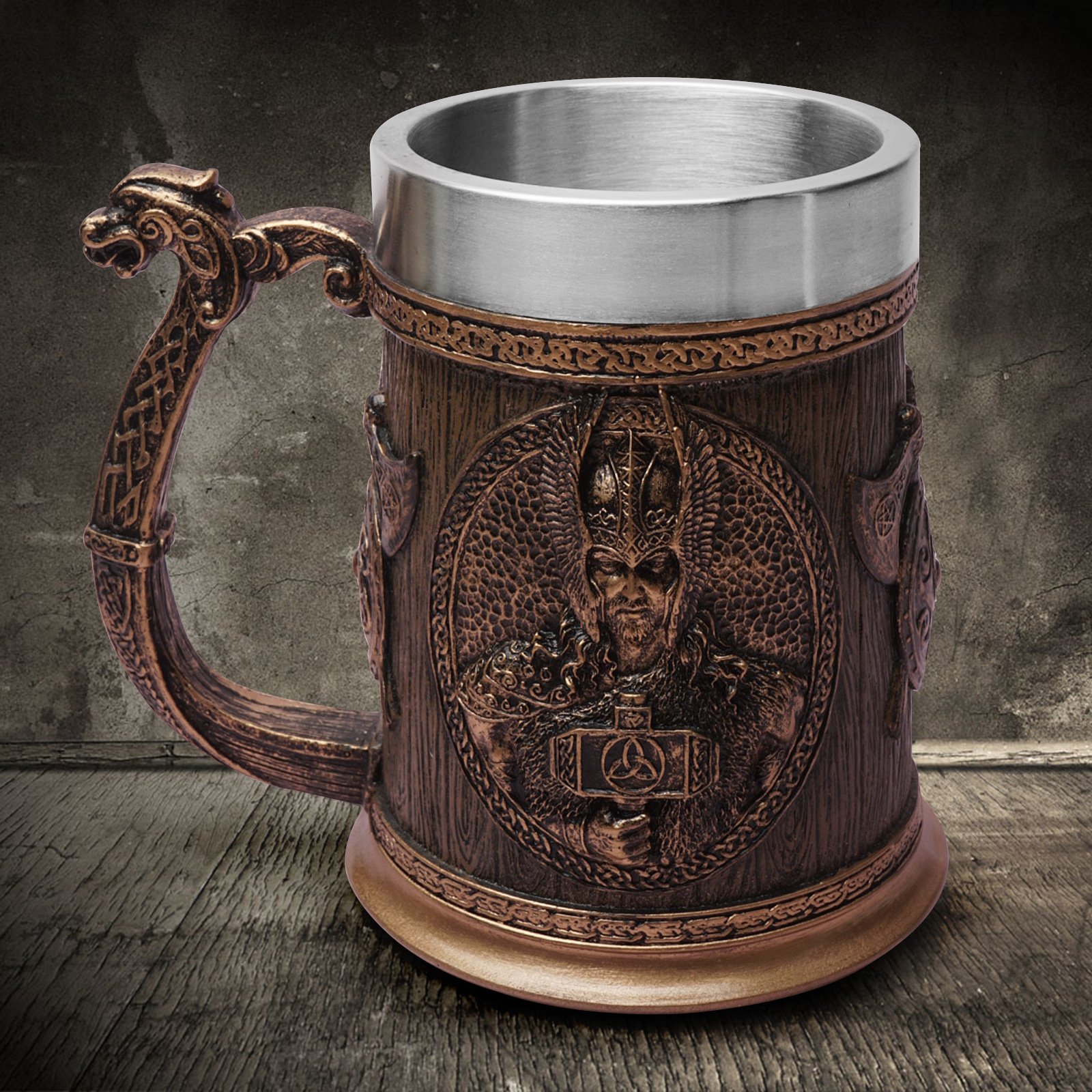 Mug Viking Odin - Chope en Acier Inoxydable avec Reliefs Nordiques