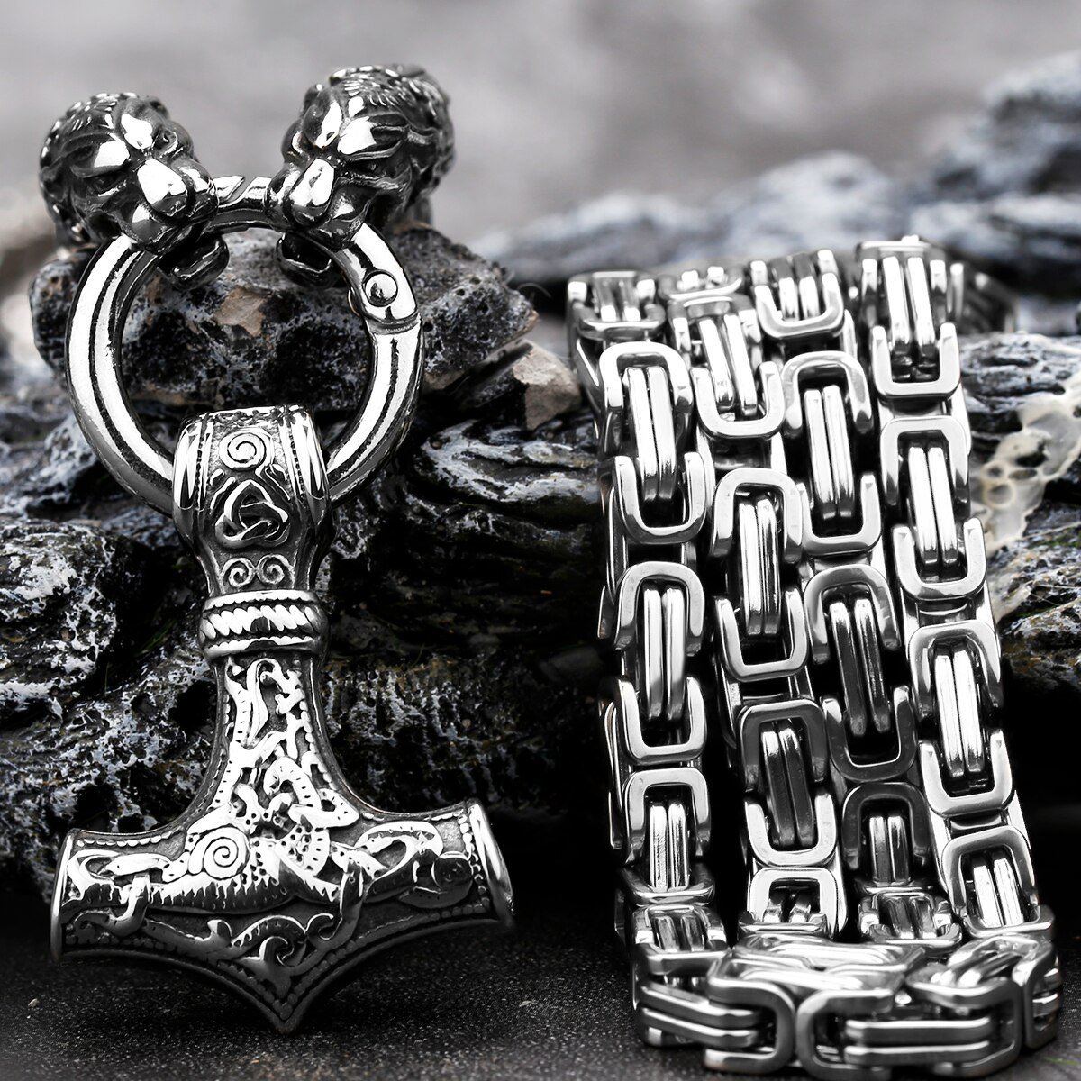 Collier Viking Mjölnir et Têtes de Loup avec chaîne