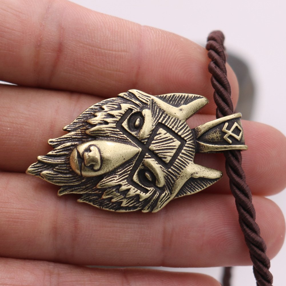 Pendentif Loup Viking avec Symbole Runique - Bronze Antique corde marron